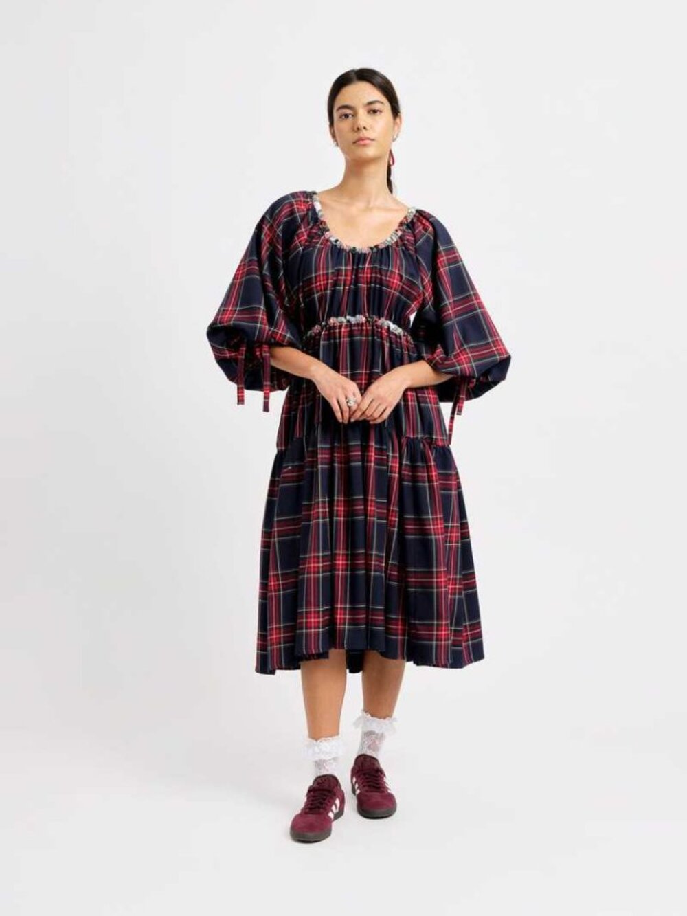 ELIZA FAULKNER Free People Josie dress navy plaid tiered midi Puff Sleeve Bow SM
